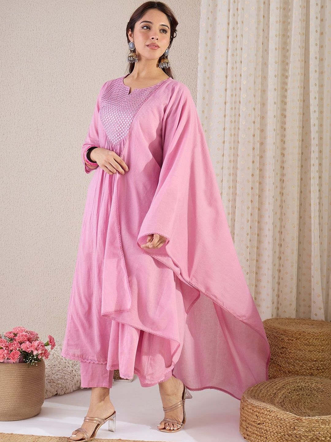Women Embroidered Pleated Mirror Work Pure Cotton Kurta with Churidar & With Dupatta