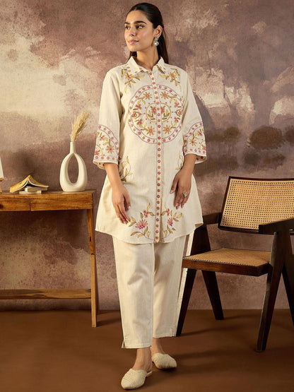 Dhiyona IE Embroidered Shirt Collar Pure Cotton Tunic With Trousers