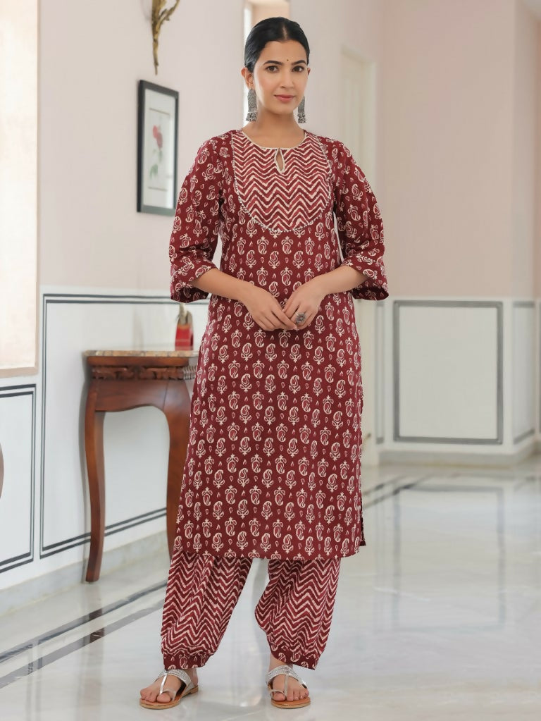 Women's Straight Soft Cotton Block Print Women's Kurta Set - Brown