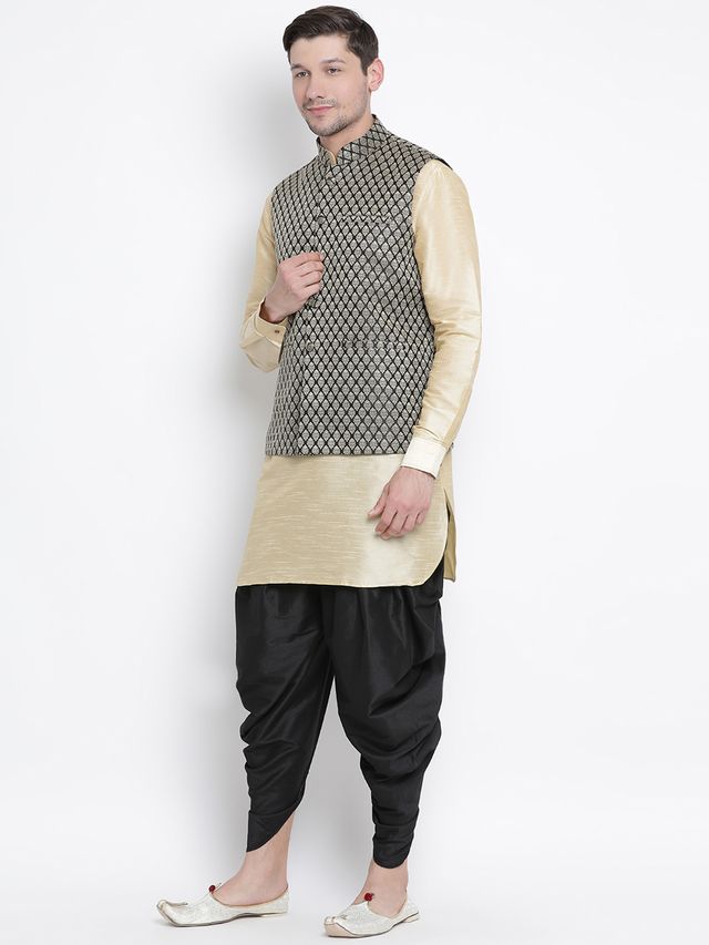 Men's Gold Silk Blend Straight Jacket  Kurta and Dhoti Set