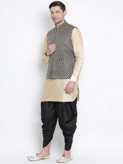 Men's Gold Silk Blend Straight Jacket  Kurta and Dhoti Set