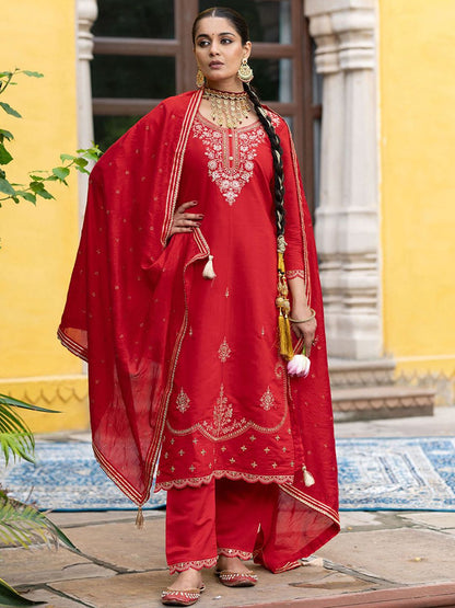 Dhiyona CH Floral Embroidered Thread Work Straight Kurta With Trousers & Dupatta