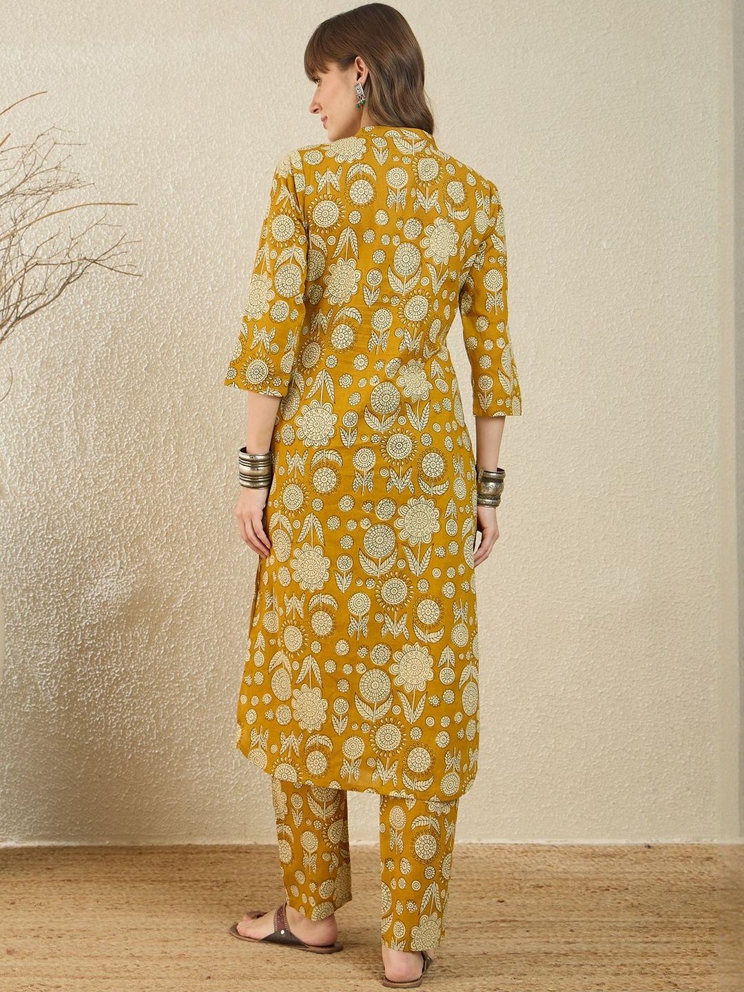 Dhiyona IE Printed Mandarin Collar Pure Cotton Top With Trousers