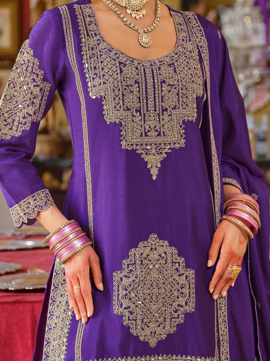 Ethnic Motifs Embroidered Chinon Beads And Stones Kurta With Palazzos & Dupatta