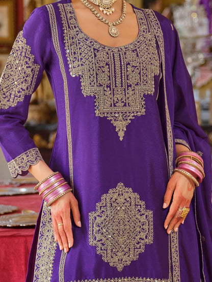 Ethnic Motifs Embroidered Chinon Beads And Stones Kurta With Palazzos & Dupatta