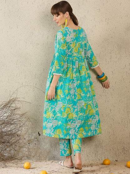 Dhiyona IE Women Printed V-Neck Cotton Top and Trousers Co-Ords