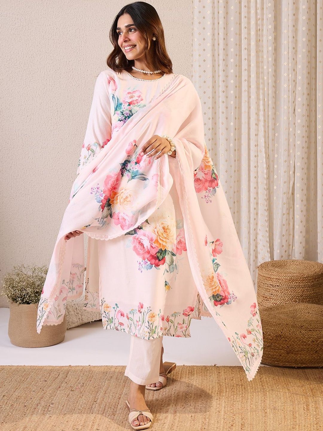 Floral Printed Round Neck Linen Straight Kurta & Trousers With Dupatta