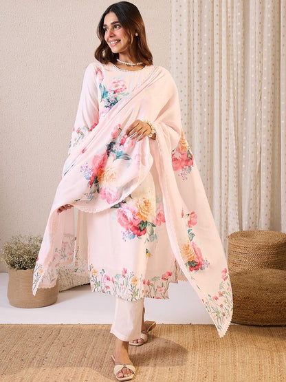 Floral Printed Round Neck Linen Straight Kurta & Trousers With Dupatta
