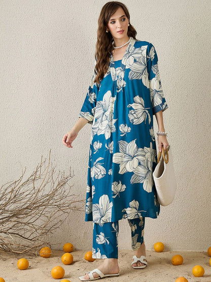 Dhiyona IE Floral Printed Square Neck Tunic With Trousers