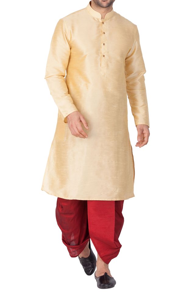 Men's Gold Silk Blend Straight Kurta and Dhoti Set