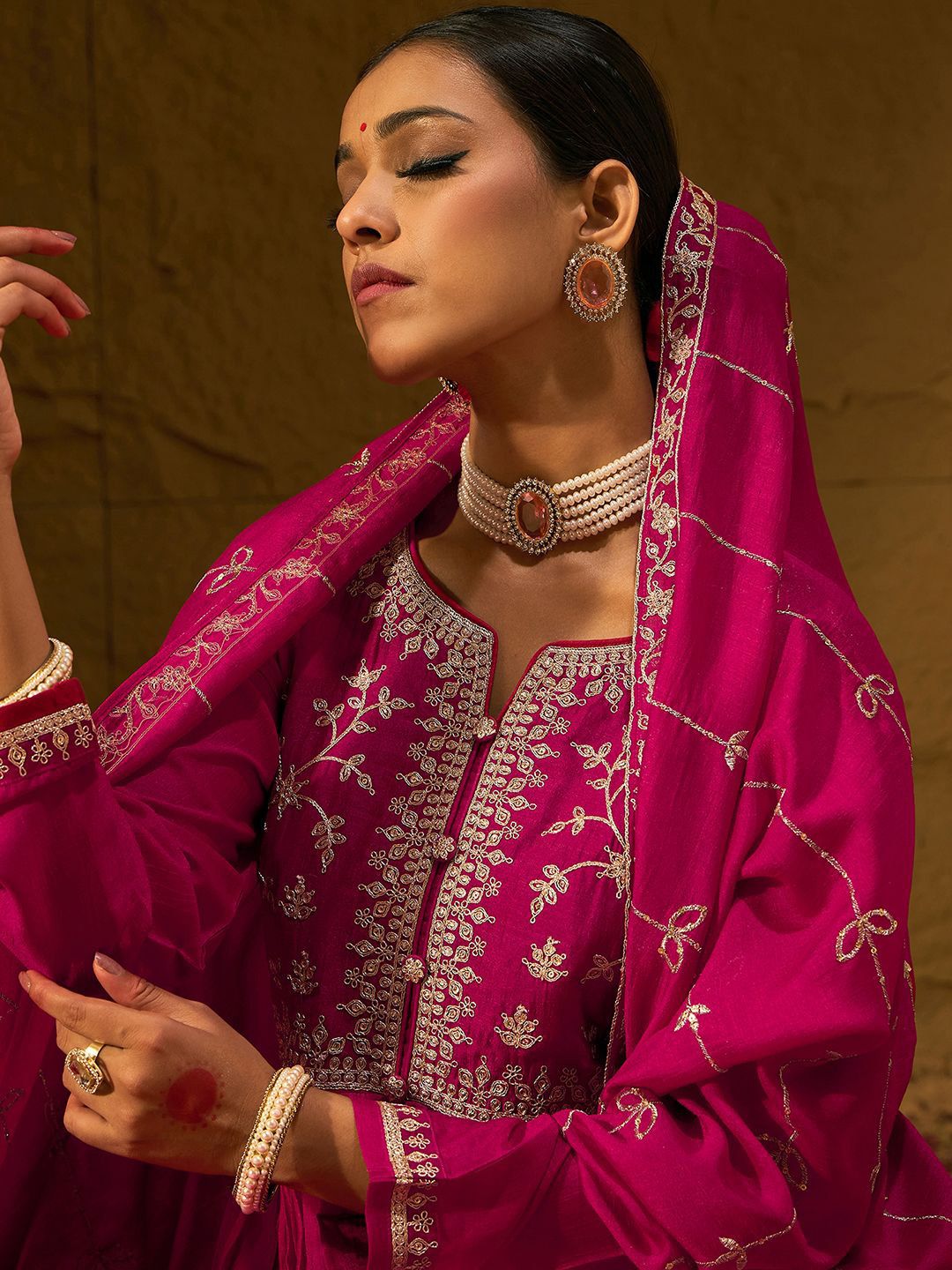 Floral Embroidered Notched Neck Pleated A-Line Kurta With Trousers & Dupatta