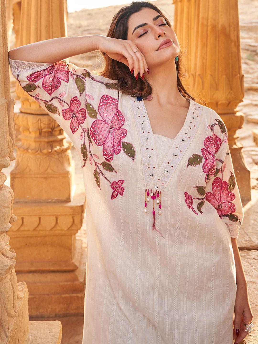 Floral Embroidered Beads And Stones V-Neck A-Line Pure Cotton Kurta With Trousers