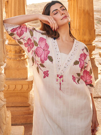 Floral Embroidered Beads And Stones V-Neck A-Line Pure Cotton Kurta With Trousers