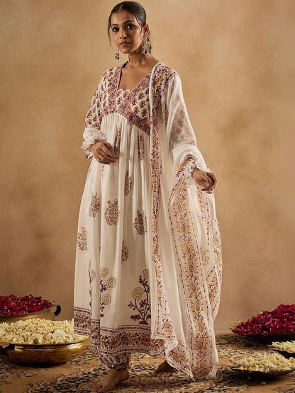 Women Floral Printed Empire Pure Cotton Kurta with Trousers & With Dupatta