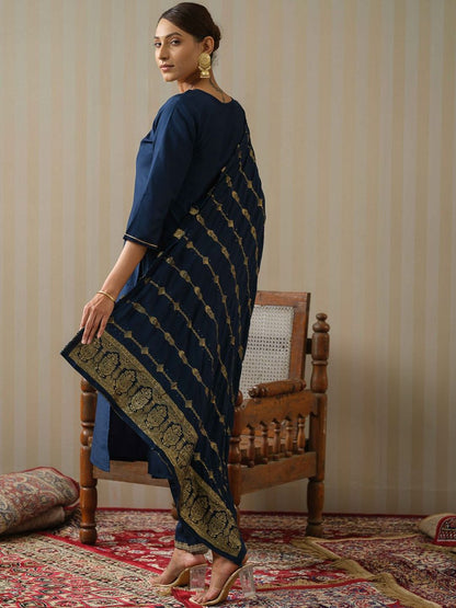 Dhiyona OD  Floral Yoke Design Silk Straight Kurta & Trousers With Dupatta