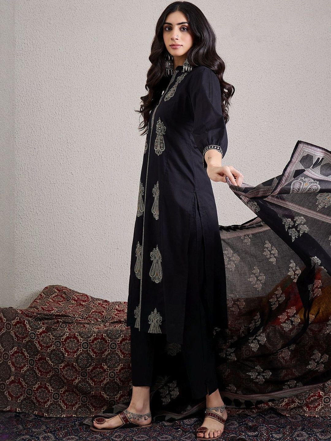 Women Ethnic Motifs Embroidered Cotton Kurta with Trousers & Dupatta