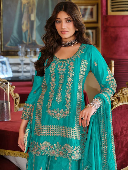 Dhiyona IE Ethnic Motifs Embroidered Round Neck Straight Kurta With Sharara & Dupatta
