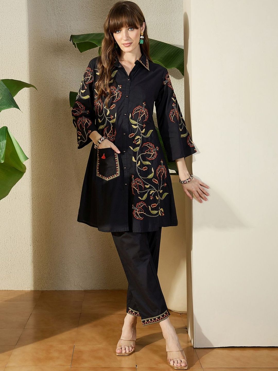 Women Black Floral Embroidered Thread Work Pure Cotton Kurti with Trousers