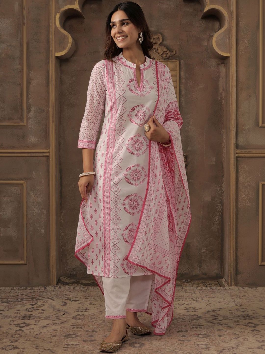 Women Ethnic Motifs Printed Regular Pure Cotton Kurta with Trousers & With Dupatta