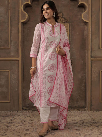 Women Ethnic Motifs Printed Regular Pure Cotton Kurta with Trousers & With Dupatta