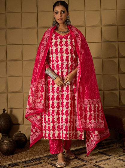 Dhiyona IE Paisley Printed V-Neck Regular Pure Cotton Kurta With Trouser With Dupatta