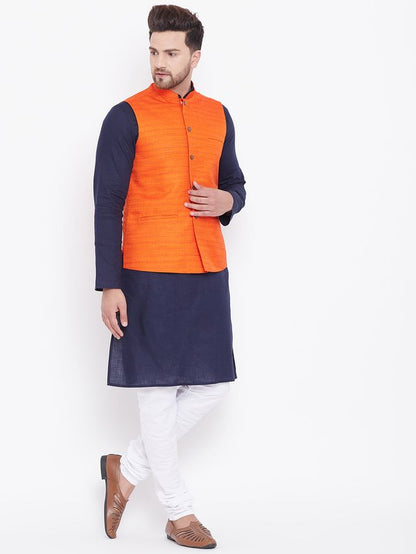 Men's Navy Blue Cotton Blend Straight Jacket  Kurta and Pyjama Set