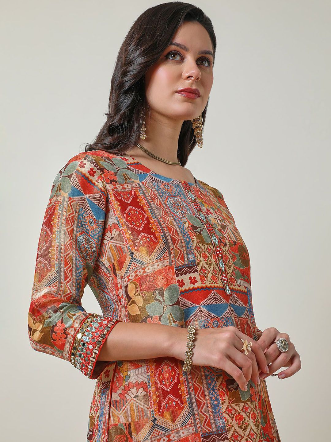 Dhiyona SO Women's Ethnic Motifs Printed Mirror Work Tissue Straight Kurta With Trouser