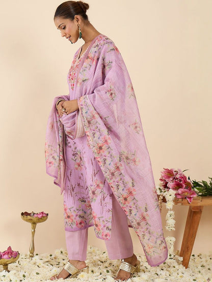 Women Floral Printed Regular Thread Work Linen Kurta with Trousers & With Dupatta