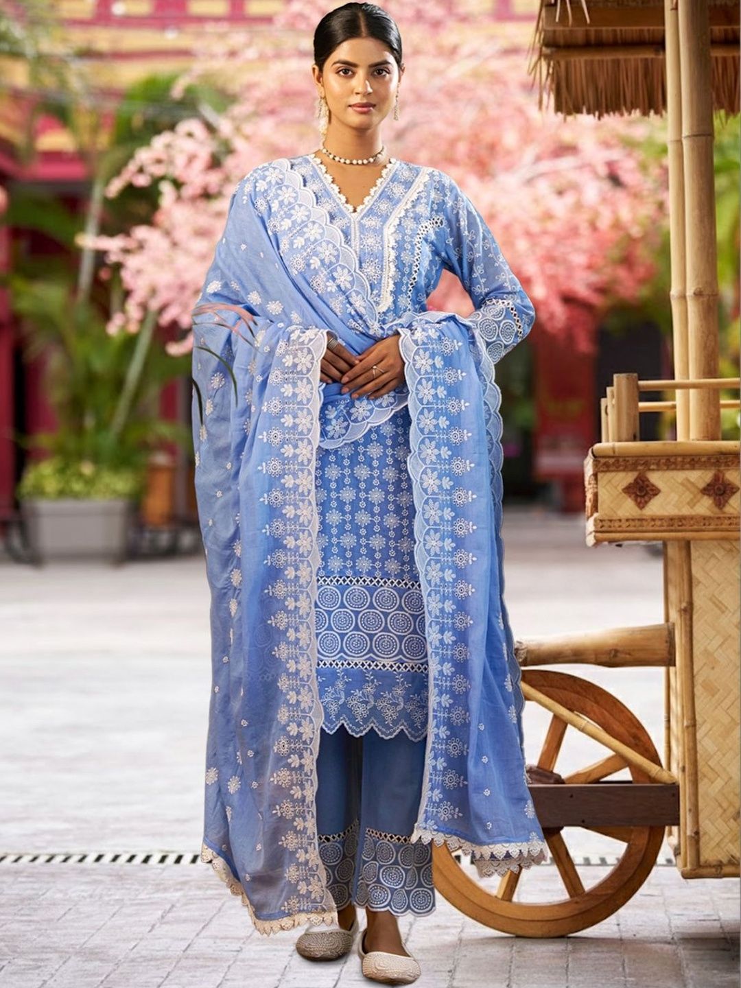 Dhiyona IE Women Ethnic Motifs Embroidered Regular Thread Work Pure Cotton Kurta with Trousers & With Dupatta