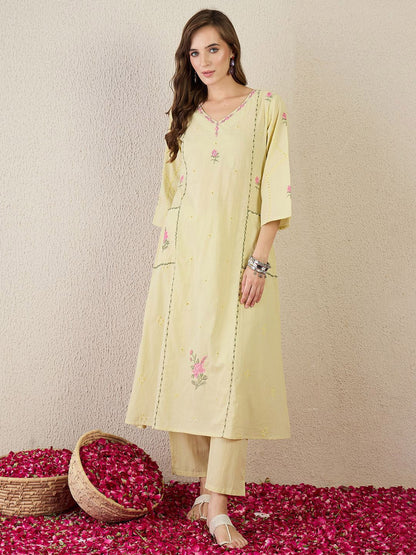 Women Floral Embroidered Cotton A-Line Kurta with Trousers