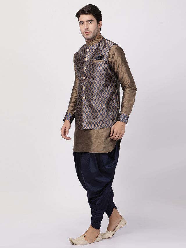 Men's Navy Blue Silk Blend Straight Jacket  Kurta and Dhoti Set