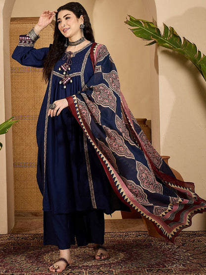 Dhiyona SN Women's Printed A-Line Kurta Trouser With Dupatta Set