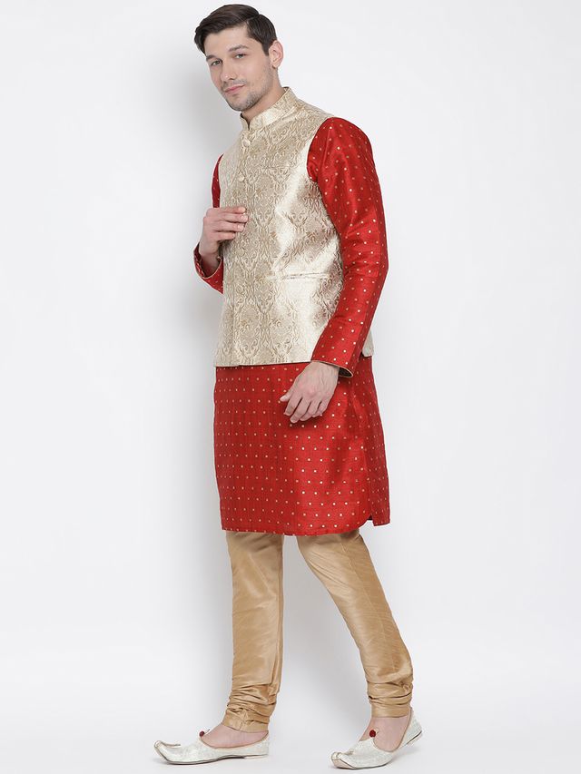 Men's Maroon Silk Blend Straight Jacket  Kurta and Pyjama Set