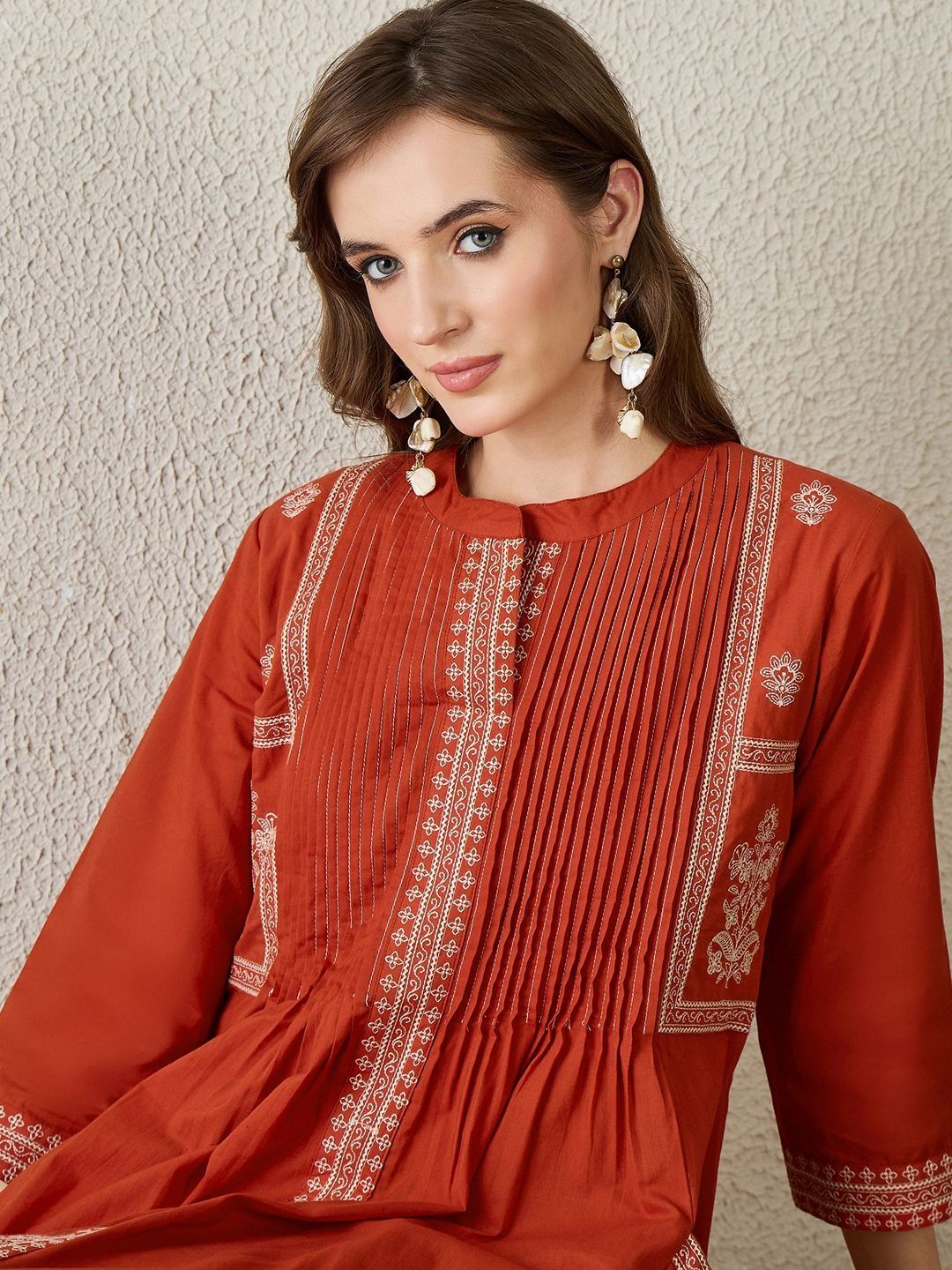 Women Ethnic Motifs Embroidered A-Line Cotton Kurta With Trousers