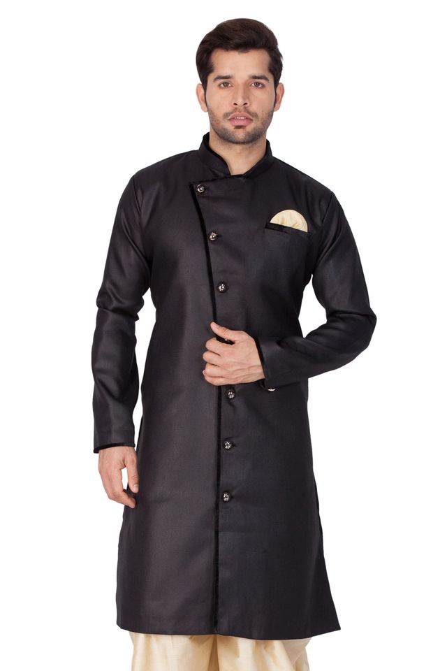 Men's Black Cotton Blend Regular Sherwani Set