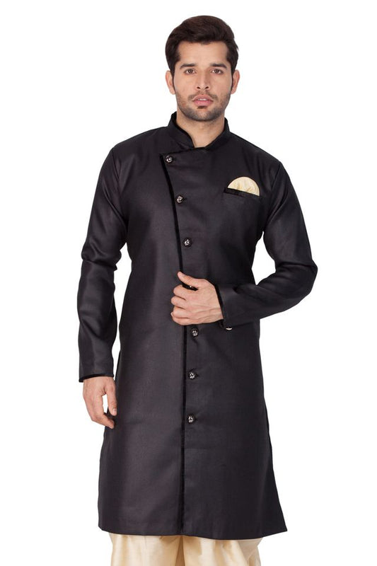 Men's Black Cotton Blend Regular Sherwani Set