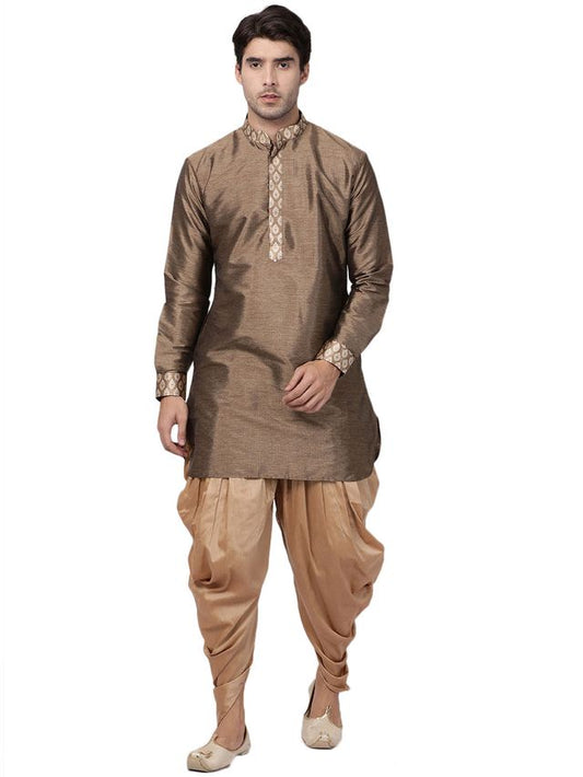 Men's Gold Silk Blend Pathani Kurta and Dhoti Set