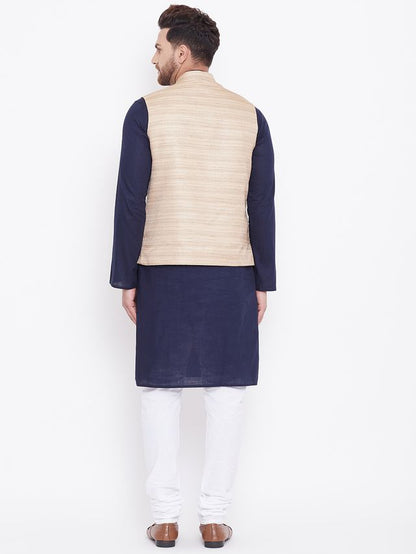 Men's Navy Blue Cotton Blend Straight Jacket  Kurta and Pyjama Set