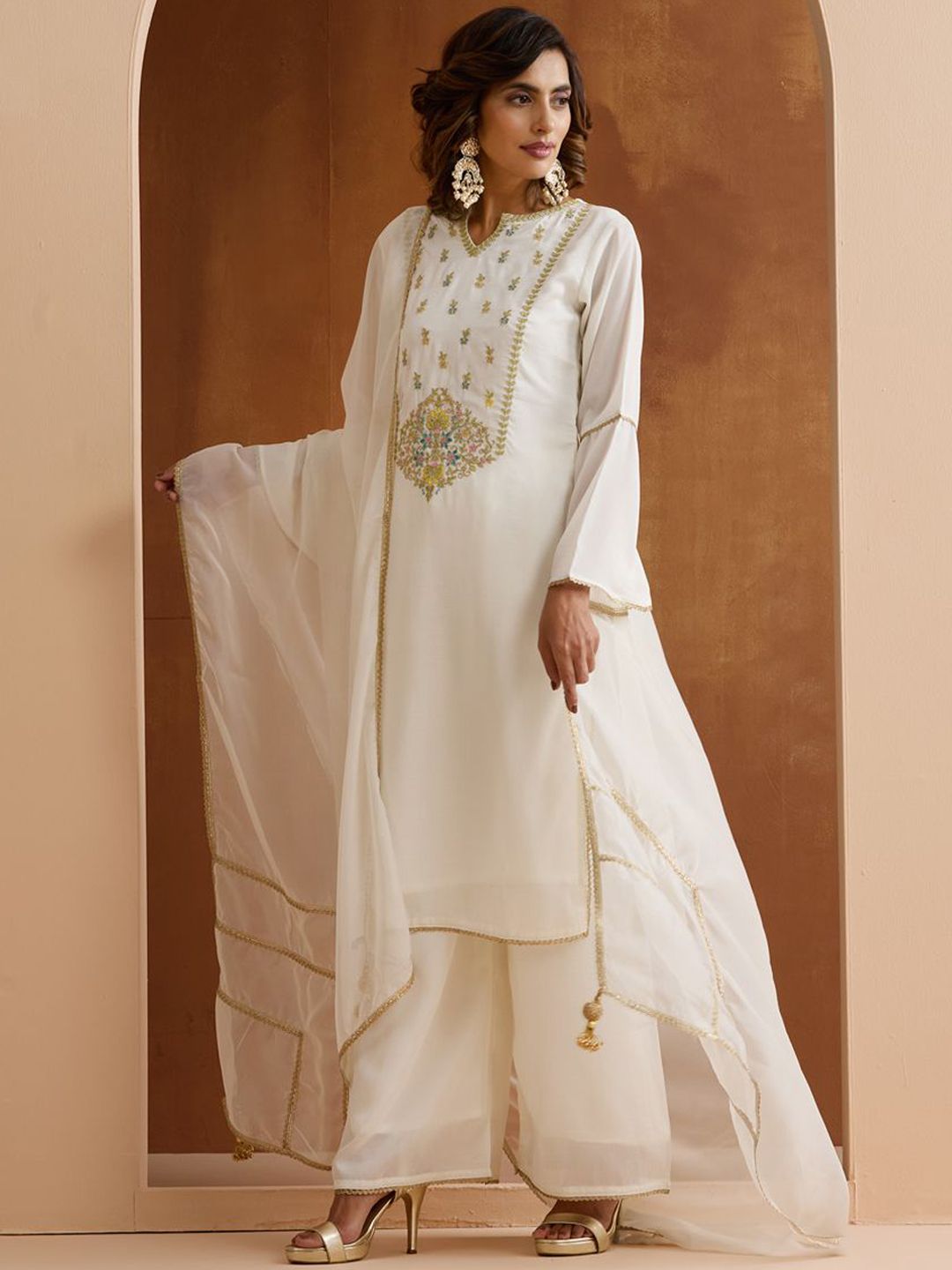 Dhiyona IS Women's Floral Embroidered Yoke Design Notch Neck Sequinned Kurta With Palazzos And Dupatta