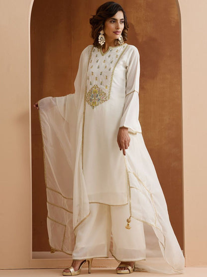 Dhiyona IS Women's Floral Embroidered Yoke Design Notch Neck Sequinned Kurta With Palazzos And Dupatta