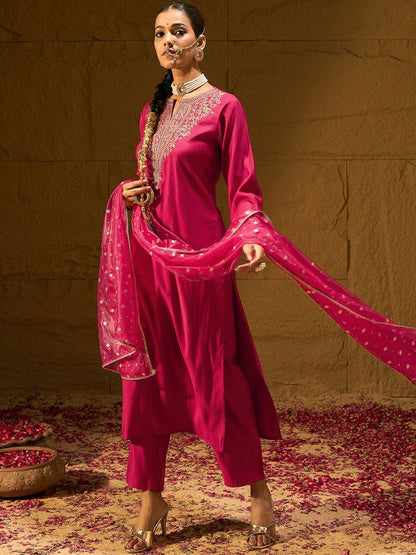 Dhiyona IE Ethnic Motifs Yoke Design Straight Zari Liva Kurta with Trousers & Dupatta
