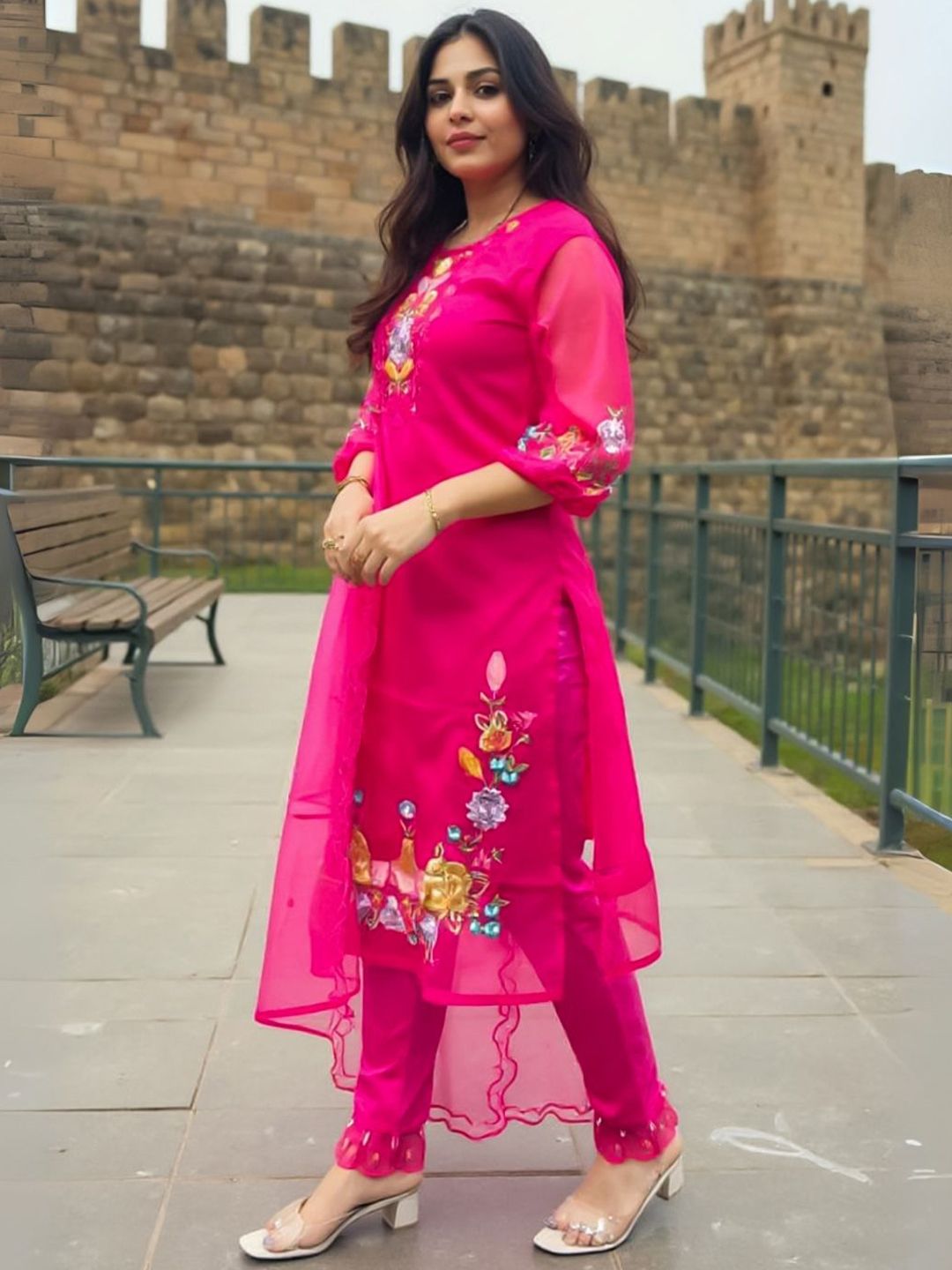 Ethnic Motifs Embroidered Round Neck Thread Work Kurta with Trousers & Dupatta