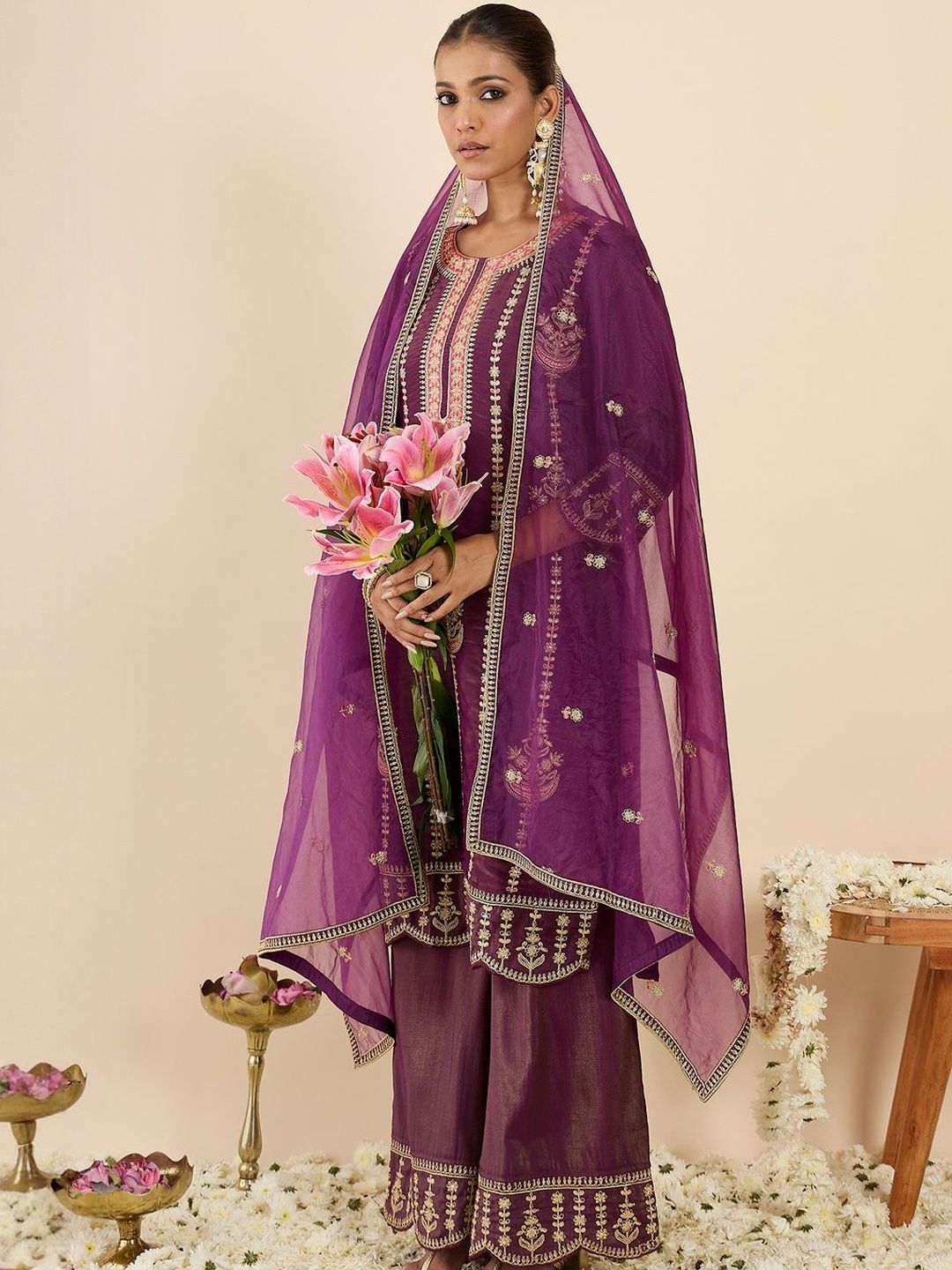 Women Ethnic Motifs Embroidered Regular Kurta with Palazzos & With Dupatta