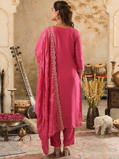 Embroidered Thread Work Kurta with Palazzo & With Dupatta