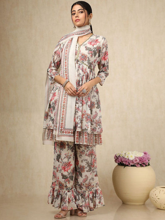 Dhiyona SO Women's Floral Printed V-Neck Empire Thread Work Georgette Kurta With Palazzo & Dupatta