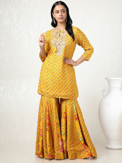 Dhiyona SO Women's Women Floral Printed Angrakha Mirror Work Kurta with Sharara & With Dupatta