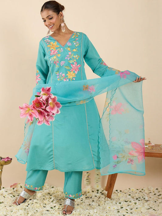 Women Floral Embroidered Regular Thread Work Kurta with Trousers & With Dupatta