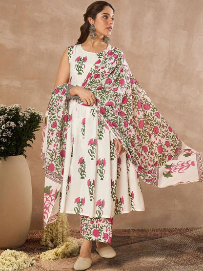 Women Floral Printed Regular Pure Cotton Kurta with Palazzos & With Dupatta