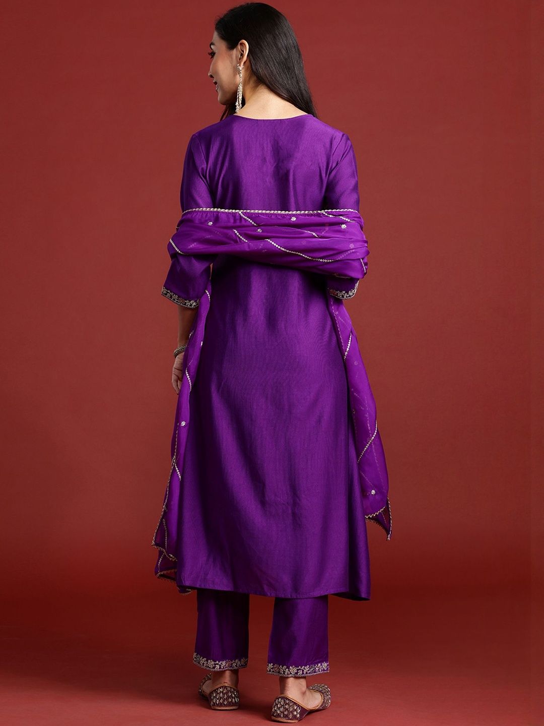 Ethnic Motifs Embroidered Thread Work A-Line Kurta With Trouser And Dupatta