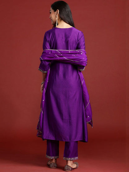 Ethnic Motifs Embroidered Thread Work A-Line Kurta With Trouser And Dupatta